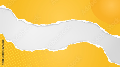 Pieces of torn yellow paper with abstract sun in corner are on white transparent background for text, advertising or design. Vector illustration