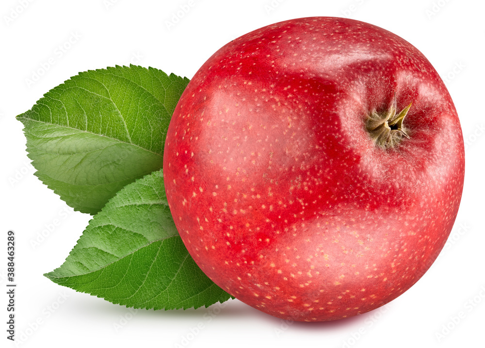 One ripe red apple with green leaf One ripe red apple with green leaf