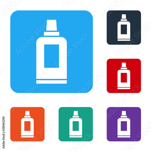 White Plastic bottle for laundry detergent, bleach, dishwashing liquid or another cleaning agent icon isolated on white background. Set icons in color square buttons. Vector.