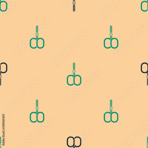 Green and black Nail scissors cuticle cut beauty salon icon isolated seamless pattern on beige background. Cosmetic scissors for manicure. Vector.