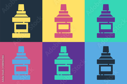 Pop art Mouthwash plastic bottle icon isolated on color background. Liquid for rinsing mouth. Oralcare equipment. Vector.