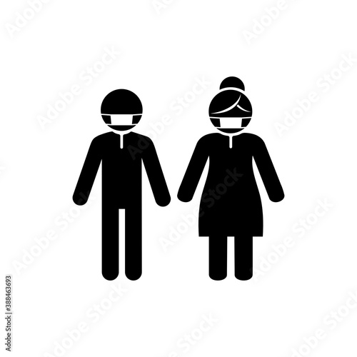 Isolated modern man and woman wearing face mask sign black flat icon, illustration vector