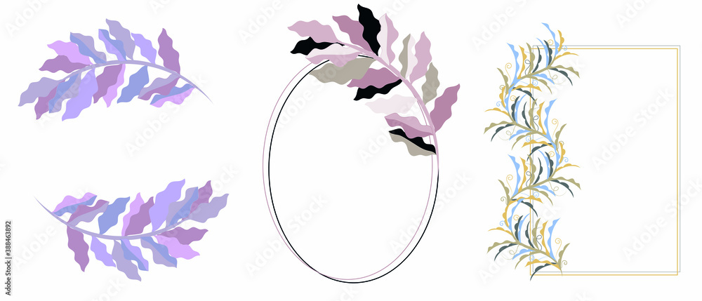 Fototapeta premium vector frames for design. illustration of branches with frames in trendy colors. great for designing cosmetics, logos, and beauty services.
