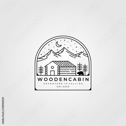 wooden cabin line art logo vector illustration design, outdoor minimalist logo design