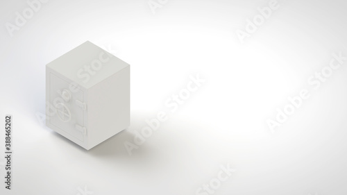 Isometric 3d rendering of a heavy duty bank safe. White subject and background, copy space, soft shadows. Commercial concept for insurance, savings, investments and finance.  © Edward R