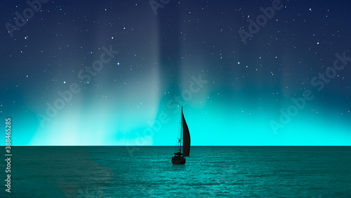 Fototapeta Naklejka Na Ścianę i Meble -  Sailing luxury yacht along the route over dark sea - Northern lights aurora borealis 