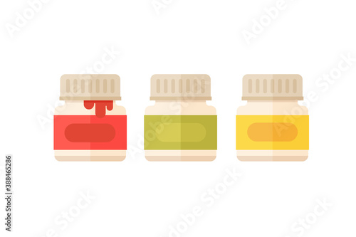 Three jars of colored gouache isolated on a white background. Plastic containers with red, green, and yellow paint. Materials for artists. Flat vector illustration.