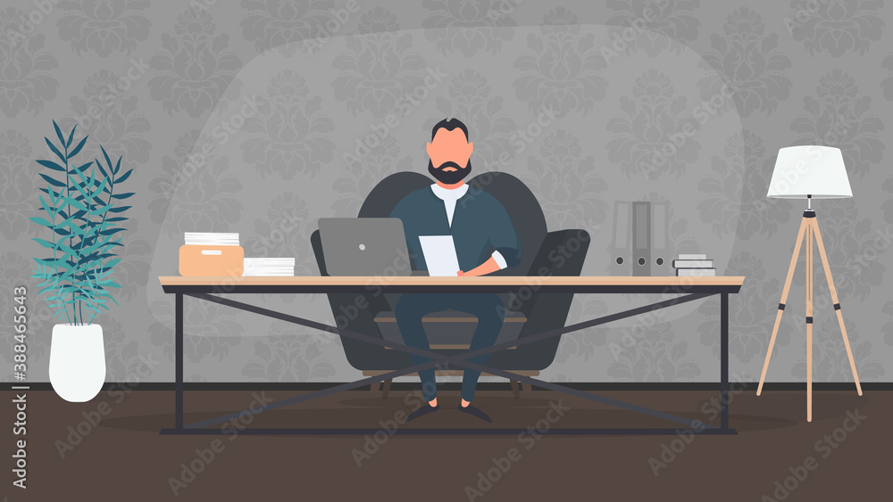 A businessman is working on a laptop in his office. Director's workplace. Laptop, documents, books, loft-style table. Vector.