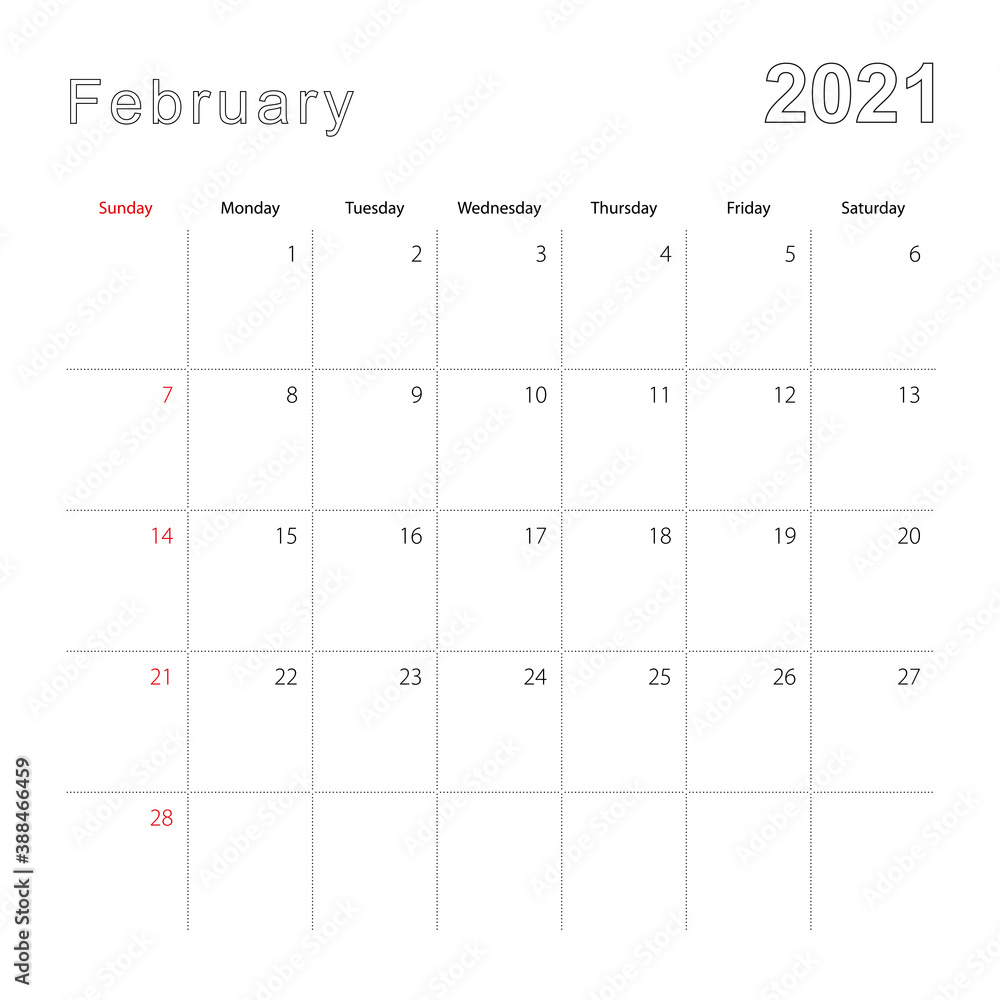 Simple wall calendar for February 2021 with dotted lines. The calendar is in English, week start from Sunday. Simple wall calendar for February 2021 with dotted lines. The calendar is in English, week start from Sunday.