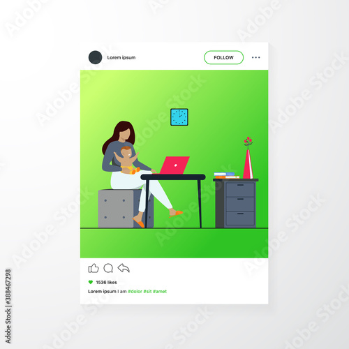 New mom working at home. Working mother holding baby in arms, using computer at her workplace. Can be used for freelance worker with kid, maternity, motherhood, online job concept