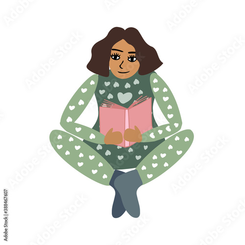 Isolated vector colorful illustration of a girl in green pyjamas reading book