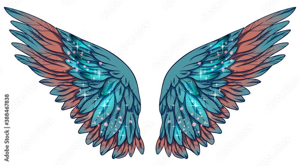 Fototapeta premium Beautiful magic glittery turquoise pink vector wings