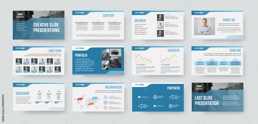Slide presentation template for use in annual report, business analytics, document layout. - obrazy, fototapety, plakaty 