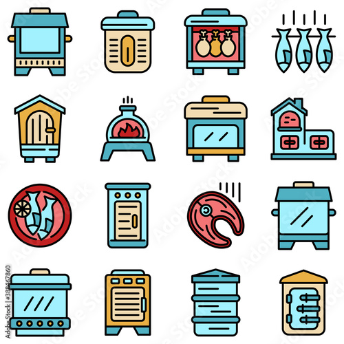 Smokehouse icons set. Outline set of smokehouse vector icons thin line color flat on white