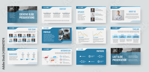 Slide presentation template for use in annual report, business analytics, document layout. photo