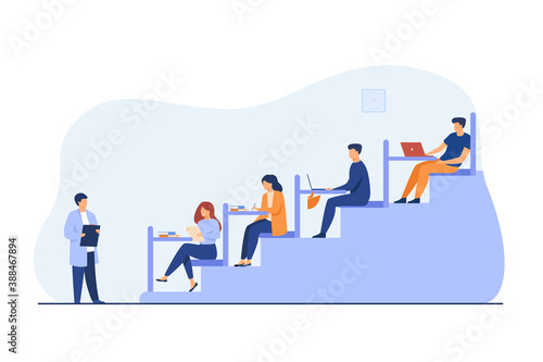 College students sitting at desks in classroom and listening to teacher. Vector illustration for higher education, university, classroom concept