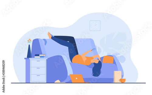 Lazy depressed woman resting in couch with smartphone after making mess at home. Vector illustration for depression, addiction, apathy, fatigue concept