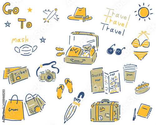 旅行の小物をルーズな線で描いたイラストセット Illustration set that draws travel accessories with loose lines