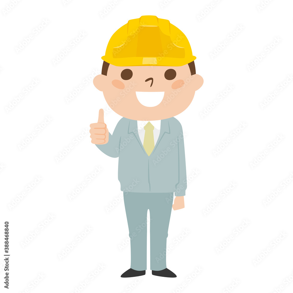 男性の建設業者のイラスト。作業着とヘルメットを着用してる若い男性。親指でいいねサインを出している。