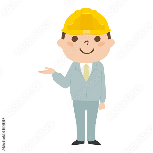 男性の建設業者のイラスト。作業着とヘルメットを着用してる若い男性が手で案内してるイラスト。