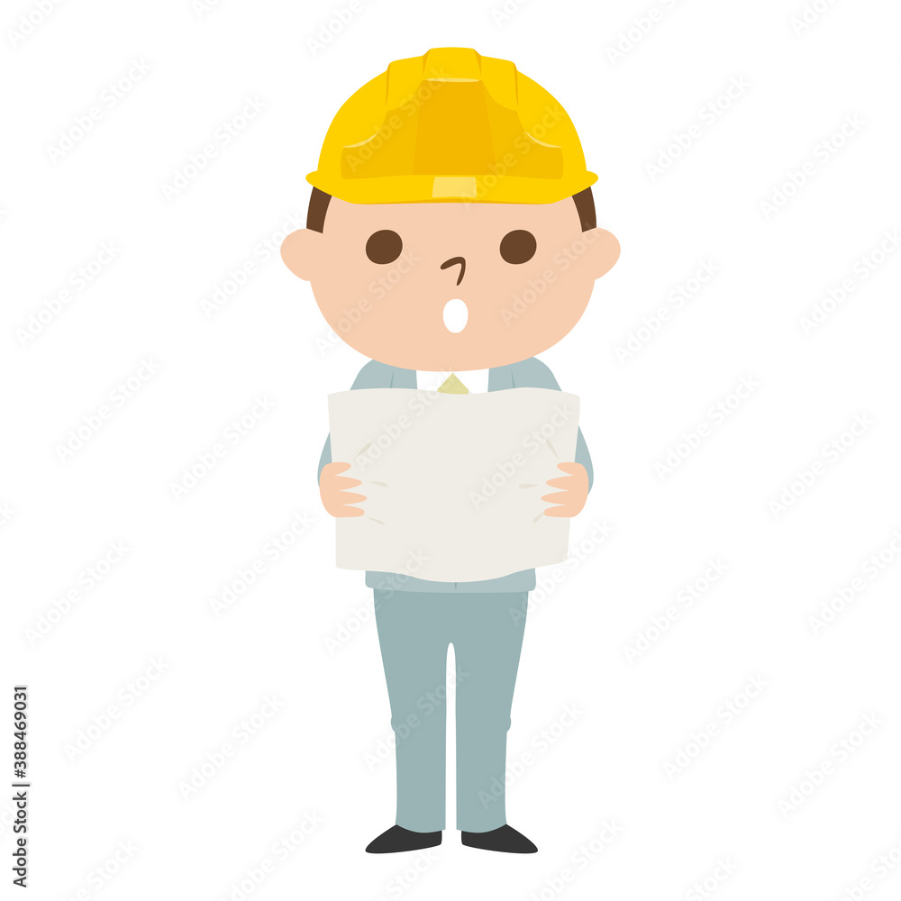 男性の建設業者のイラスト。作業着とヘルメットを着用してる若い男性。設計図を見て考えてる男性。