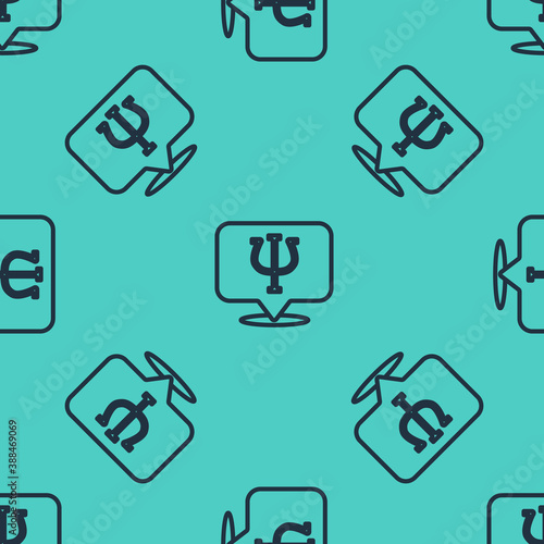 Black line Psychology icon isolated seamless pattern on green background. Psi symbol. Mental health concept, psychoanalysis analysis and psychotherapy. Vector.