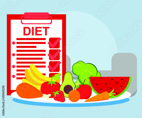 Diet program and healthy food in flat style