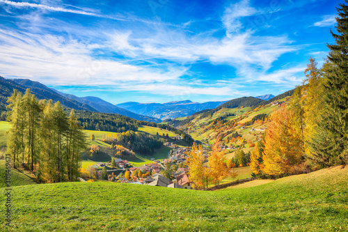 Marvelous autumn scene of magnificent Santa Maddalena village in Dolomites