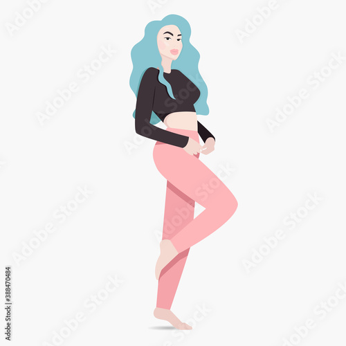 Attractive young woman with long blue hair stands and poses on one leg barefoot