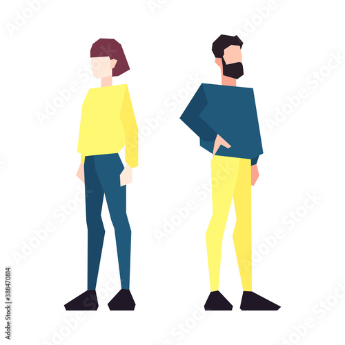 Pair of low poly slim people in sweaters isolated on white background. Vector illustration