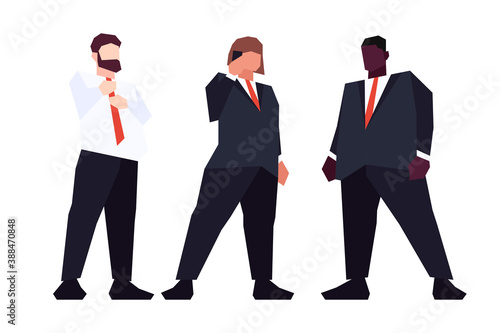 Set of low poly overweight business people in suits isolated on white background. Vector illustration
