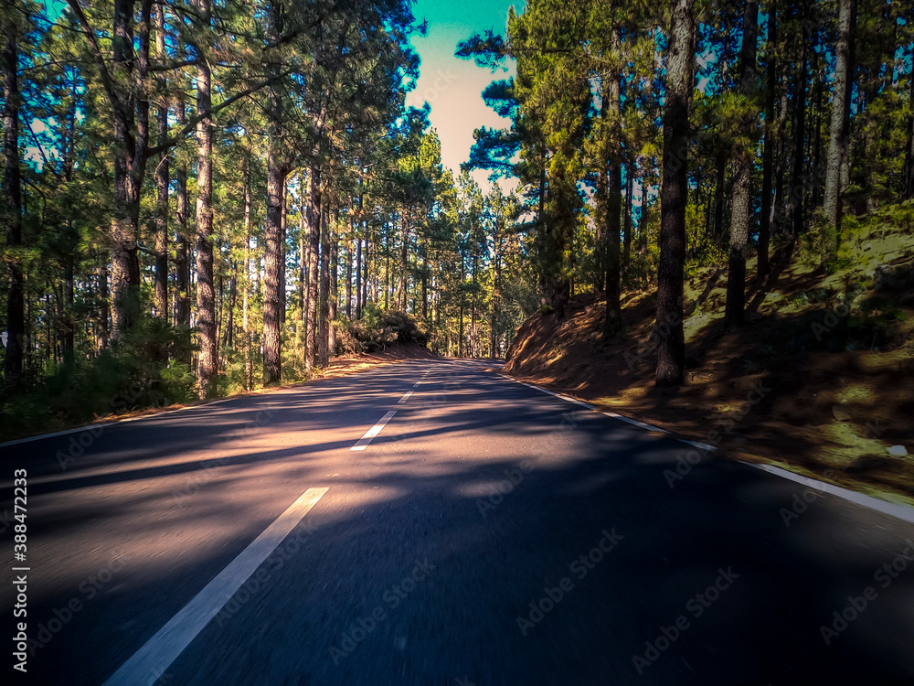 Obraz premium Long asphalt road ground view and travel concept - mountain and sky landscape - outdoor road trip in scenic place background