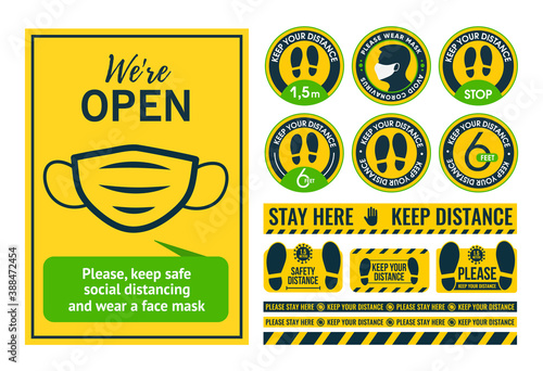 Poster wear mask. Large collection of social distance floor stickers, round and linear. Install where there are a lot of people. In yellow and green tones. Against coronavirus and covid-19. 