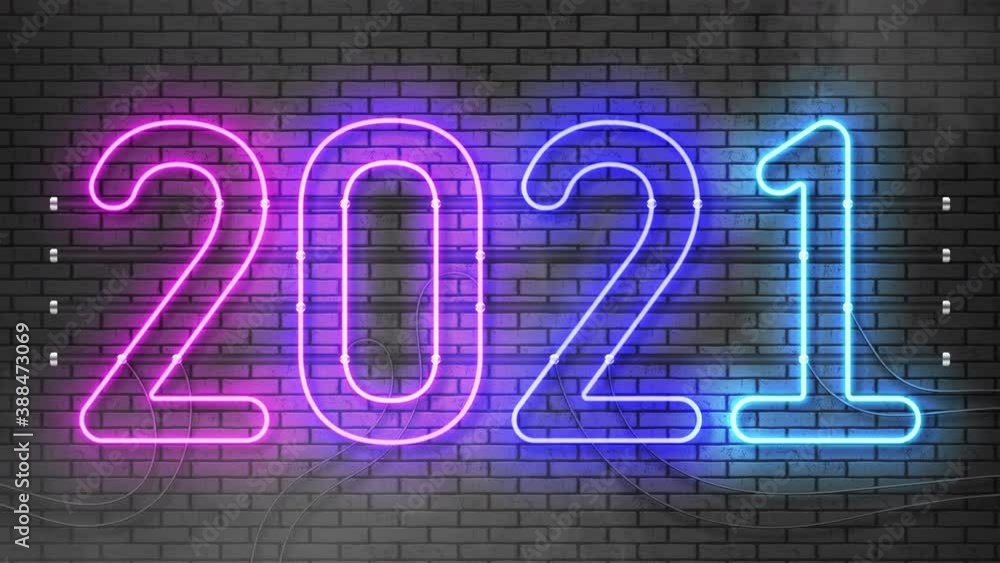 Glowing, blinking 2021 neon text. Happy 2021 new year neon banner. 2021 new year sign. 4K Animation.