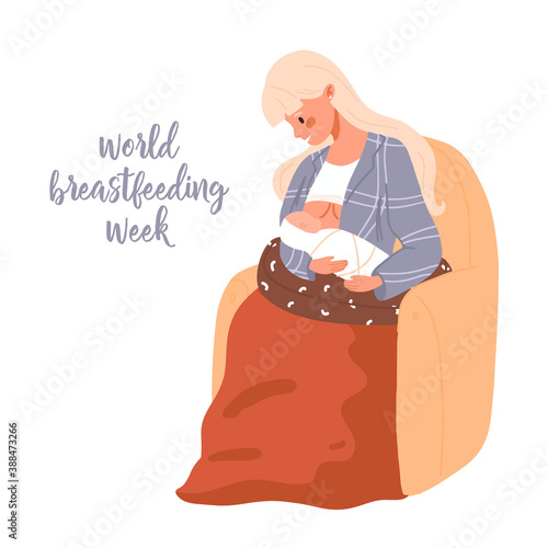 Mother feeding her newborn baby. Breastfeeding position with pillow in chair. Woman feeds infant with breast. Breastfeeding week banner, mother's day.