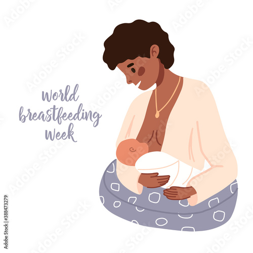 Black skin Mother feeding her newborn baby. Breastfeeding position. Afro woman feeds infant with breast. Breastfeeding week banner, happy mother's day clip art. Flat vector illustration set