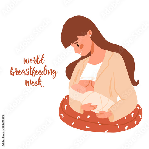 Mother feeding her newborn baby. Breastfeeding position with pillow. Woman feeds infant with breast. Breastfeeding week banner, happy mother's day clip art. Flat cartoon vector illustration
