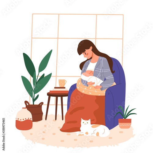 Mother feeding her newborn baby. Breastfeeding position with pillow in chair. Woman feeds infant with breast. Breastfeeding week banner, mother's day. Trendy scandinavian hygge interior, living room.