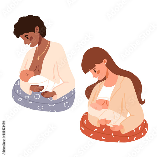 Black skin Mother feeding her newborn baby. Breastfeeding position. Afro woman feeds infant with breast. Breastfeeding week banner, happy mother's day clip art. Flat vector illustration set