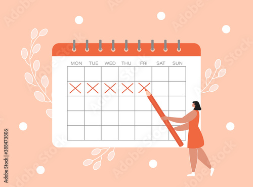 Woman marks the dates of menstruation cycle in the calendar. Concept of an online app for tracking periods, ovulation. Flat vector illustration with a female character 