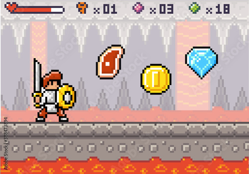 Pixel game interface. 80s graphic. Hero or personage, character of mobile 8 bit game, videogame. Pixelated knight with sword and shield. Meat, health status, coin, diamond bonuses. Underground cave