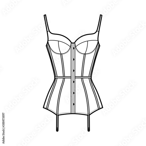 Corselette bustier Marry Widow lingerie technical fashion illustration with molded cup, back laced, attached garters. Flat brassiere template front white color style. Women unisex underwear CAD mockup