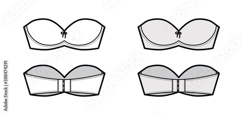 Bra strapless balconette lingerie technical fashion illustration with molded cups, hook-and-eye closure. Flat brassiere template front, back white color style. Women men unisex underwear CAD mockup