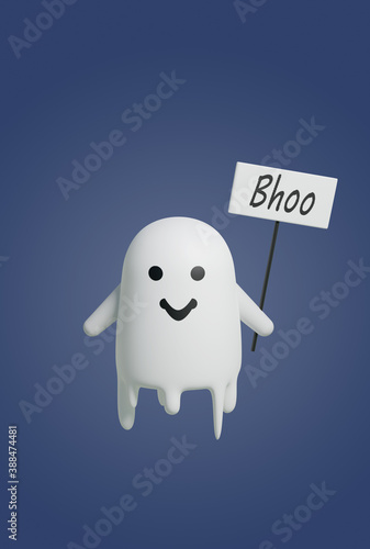 Funny friendly ghost flying on isolated white background, 3d render of halloween cute character.