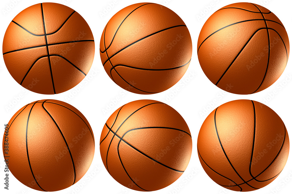 Many basketballs isolated on white background. 3D illustration.
