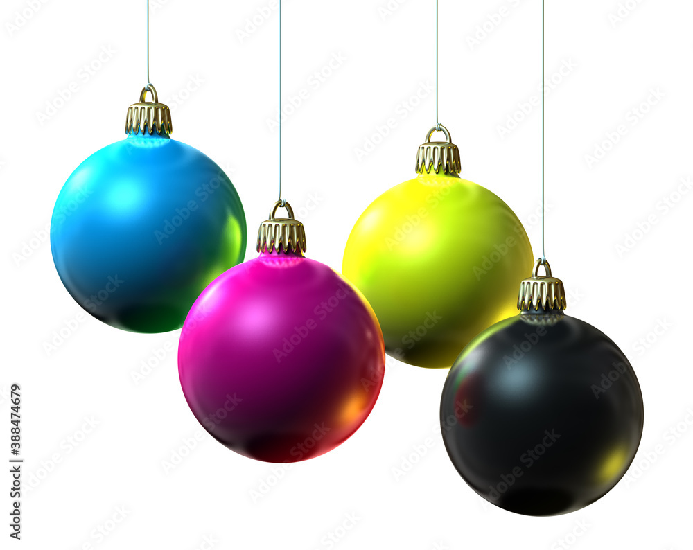 A group of different colored christmas baubles hanging from a string, isolated on white. 3D illustration. A group of different colored christmas baubles hanging from a string, isolated on white. 3D illustration.