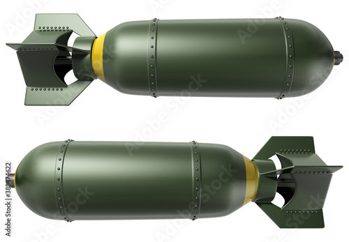 Two green bombs isolated on white background. 3D illustration.