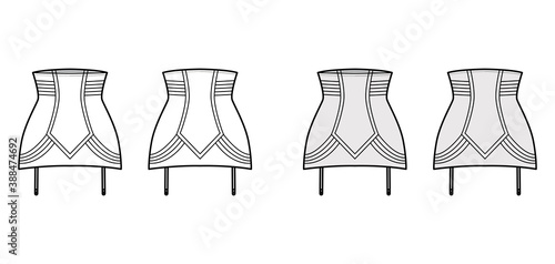 Girdle open bottom Vintage Look High Waist lingerie technical fashion illustration with attached garters. Flat template front, back white grey color style. Women men unisex underwear CAD mockup