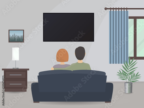 Couple people sit on sofa watching tv illustration, man and woman in living room in front of television screen vector image