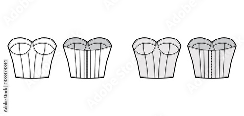 Bustier Corsetry lingerie technical fashion illustration with molded cup, bones, hook-and-eye closure, slim fit. Flat brassiere template front, back white color style. Women men underwear CAD mockup